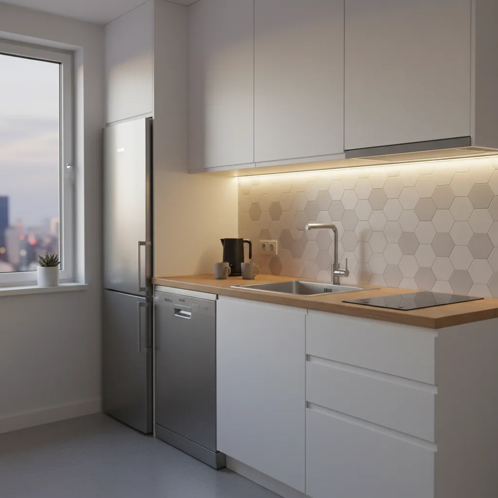 budget small kitchen upgrade with LED lighting and peel and stick backsplash