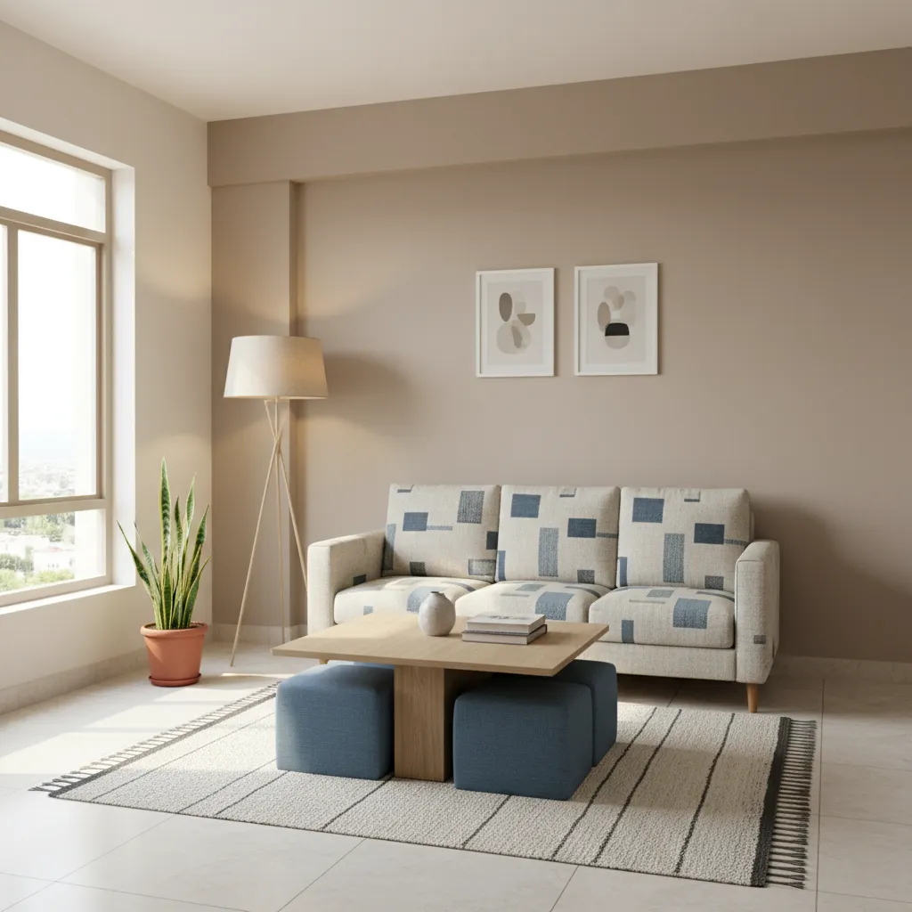 budget friendly indian living room with simple sofa lighting and painted accent wall