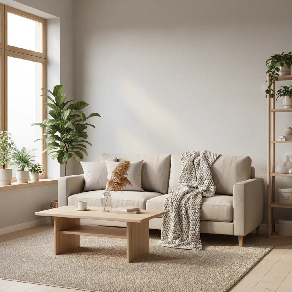 Simple cozy living room styled with budget decor and neutral furniture