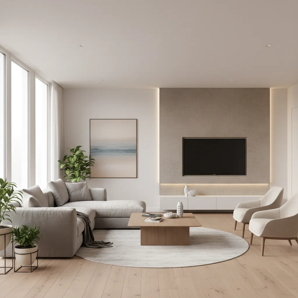 living room layout planning with sofa coffee table rug and focal wall