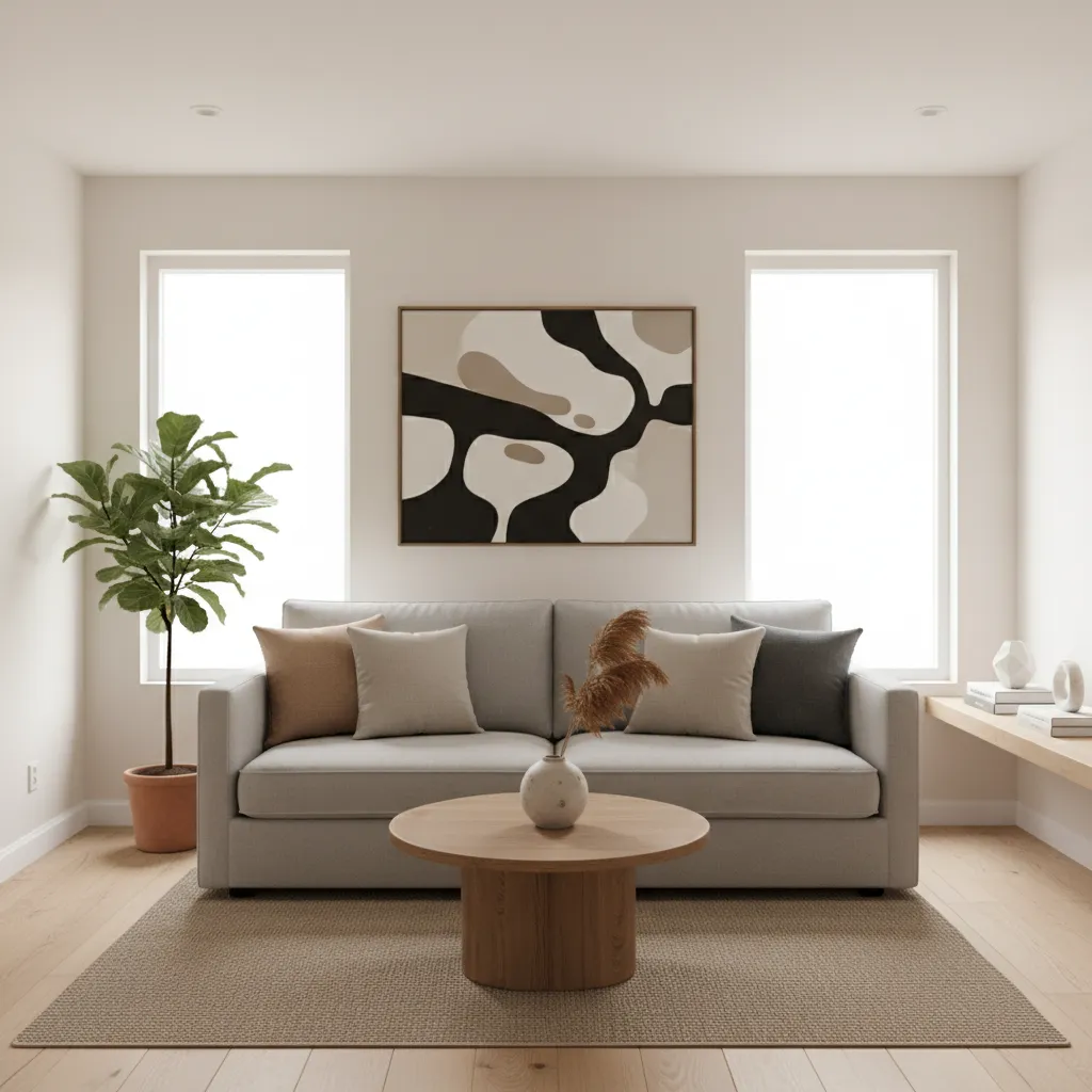 Small living room styled with affordable decor and neutral tones
