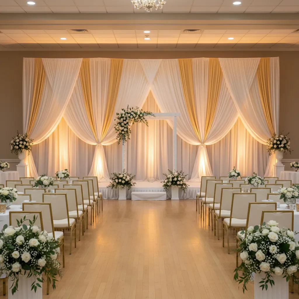Affordable wedding hall stage with fabric backdrop and LED lighting