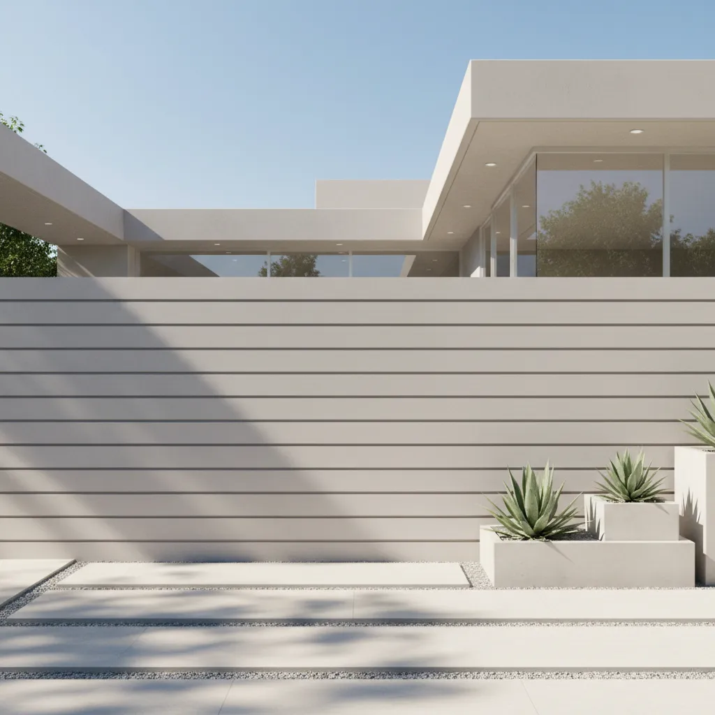 Modern minimalist compound wall with horizontal grooves and neutral paint