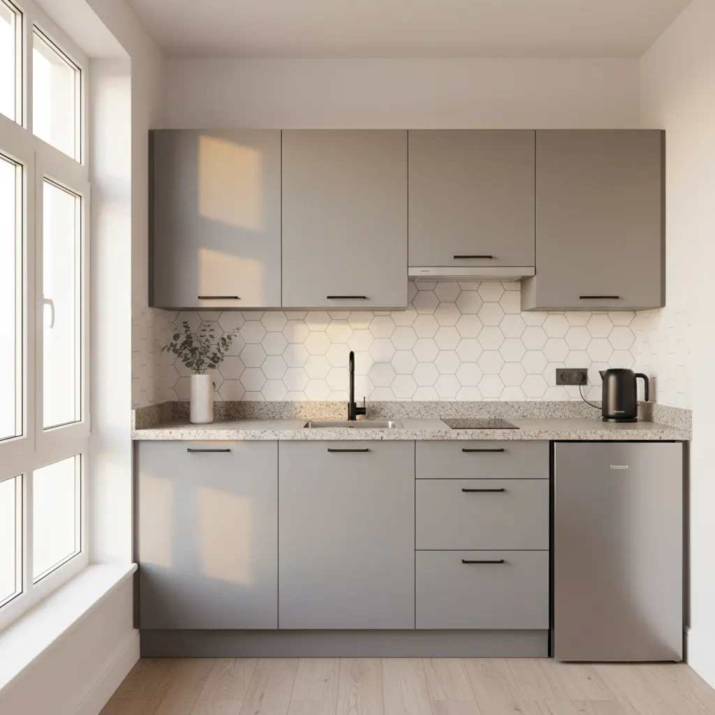 small modern kitchen with affordable materials and black handles