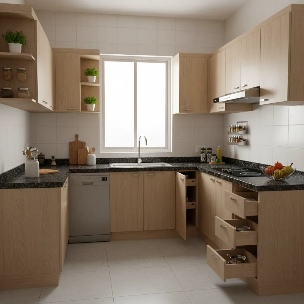 Modern U-shaped kitchen with light wood cabinets, black countertop, sink by window and open drawers