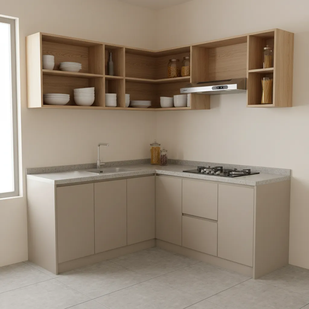 budget modular kitchen storage with open shelves and basic cabinets