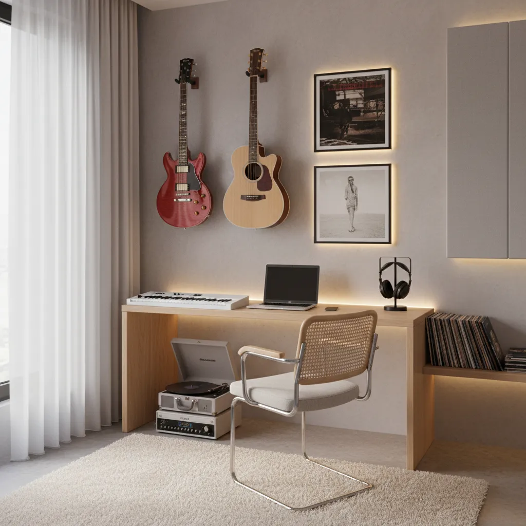 small budget home music studio with guitars wall decor and desk setup