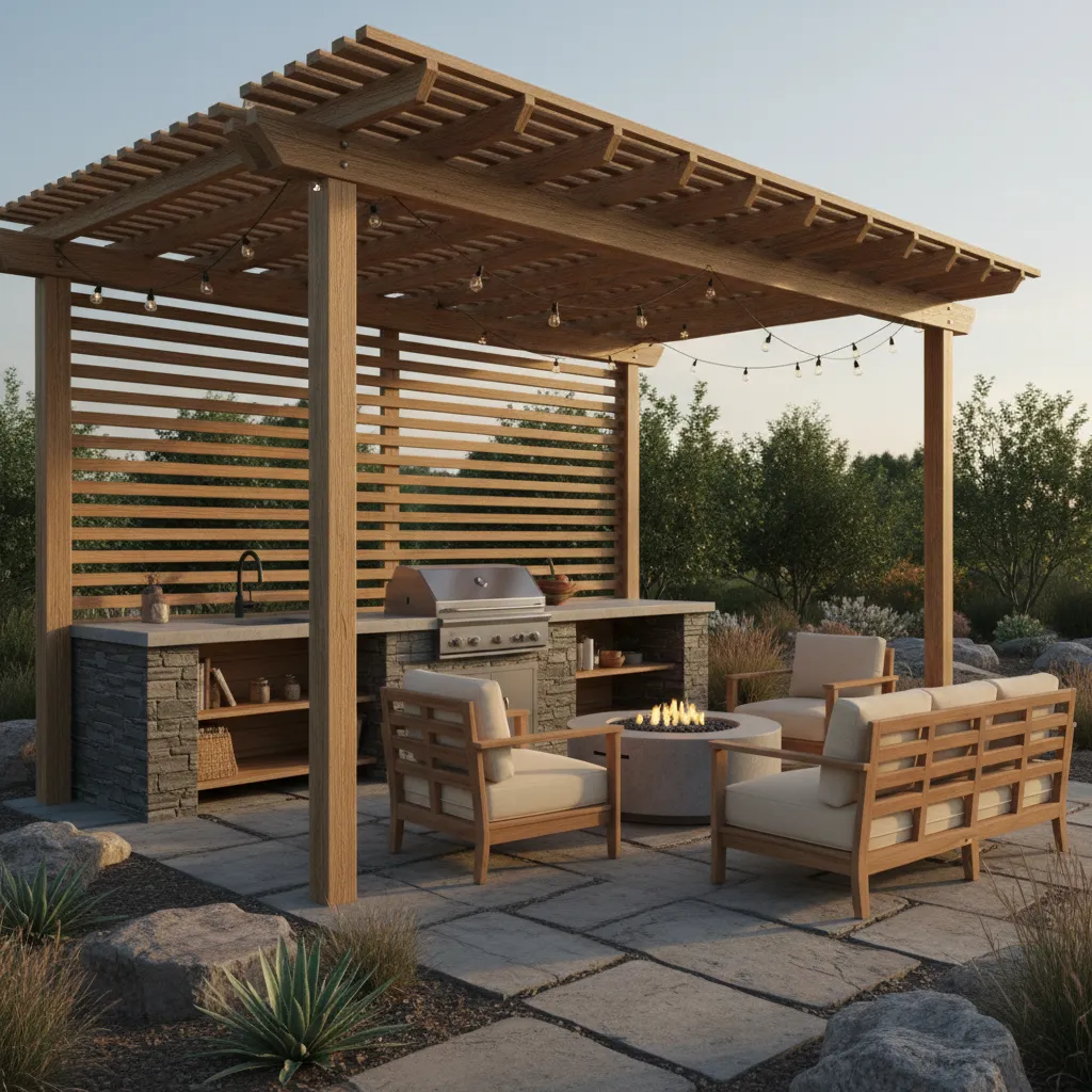Budget outdoor kitchen with pergola lighting and grill island