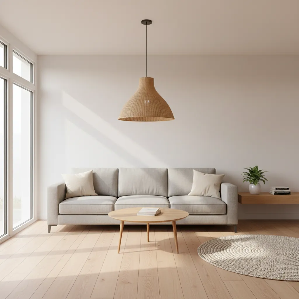 modern living room showing balanced budget design with statement lighting and neutral furniture