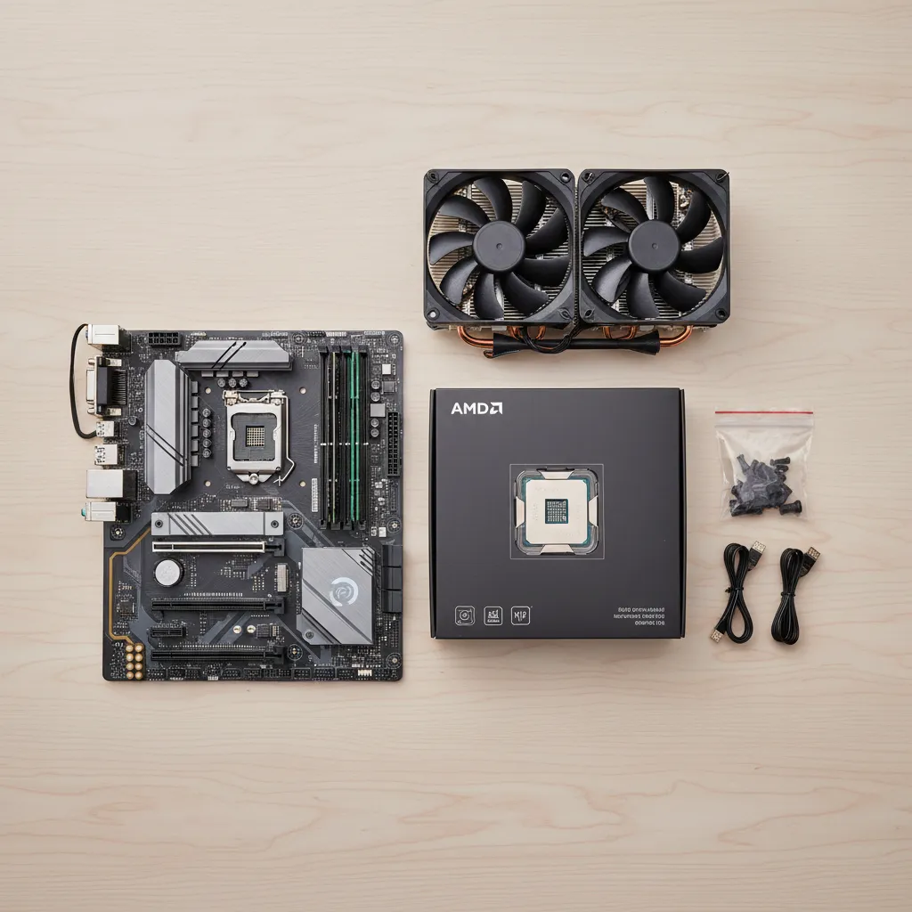 Budget PC build components laid out for rendering workstation