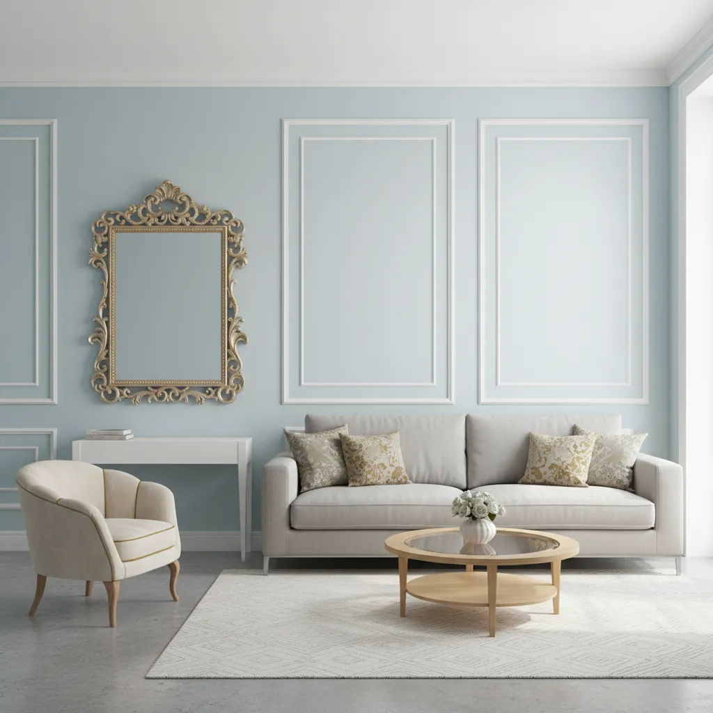 Budget-friendly living room mixing modern furniture with Rococo accents