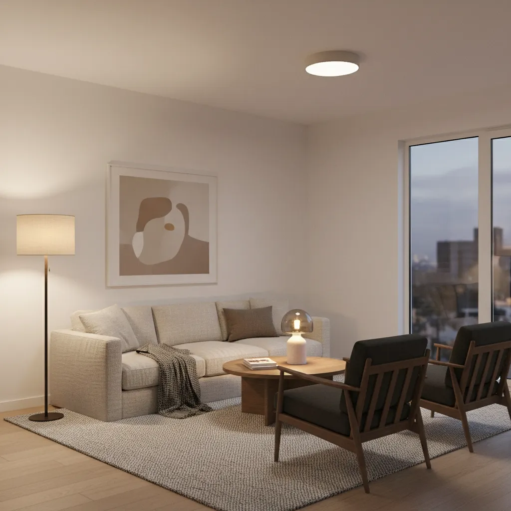 living room with layered lighting including floor lamp table lamp and ceiling light