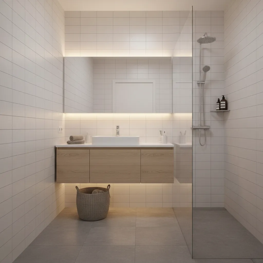 budget friendly small bathroom remodel with simple vanity and tiles