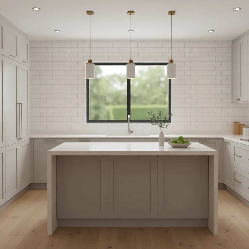 Affordable white subway tile backsplash installed neatly in a modern kitchen