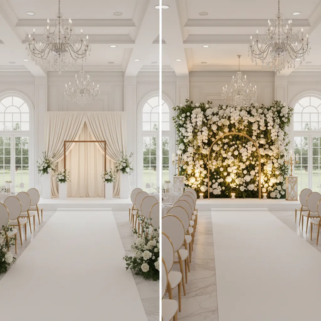 Comparison between simple budget wedding stage decoration and luxury floral stage setup
