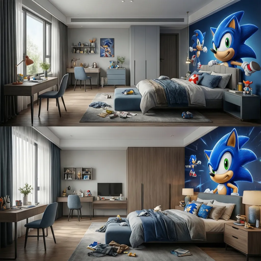 Comparison of simple vs premium Sonic themed bedroom decor setups
