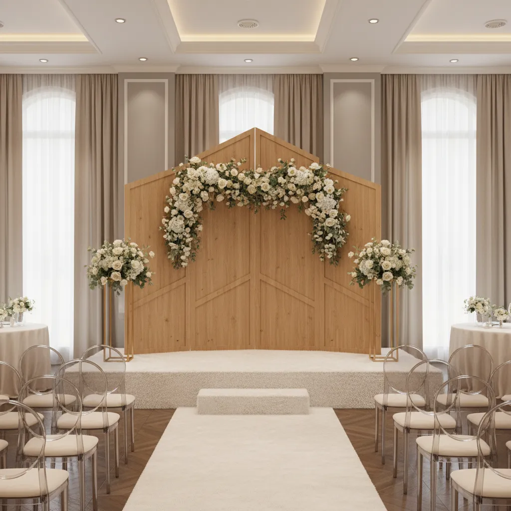 standardized wedding decoration package setup with reusable backdrop