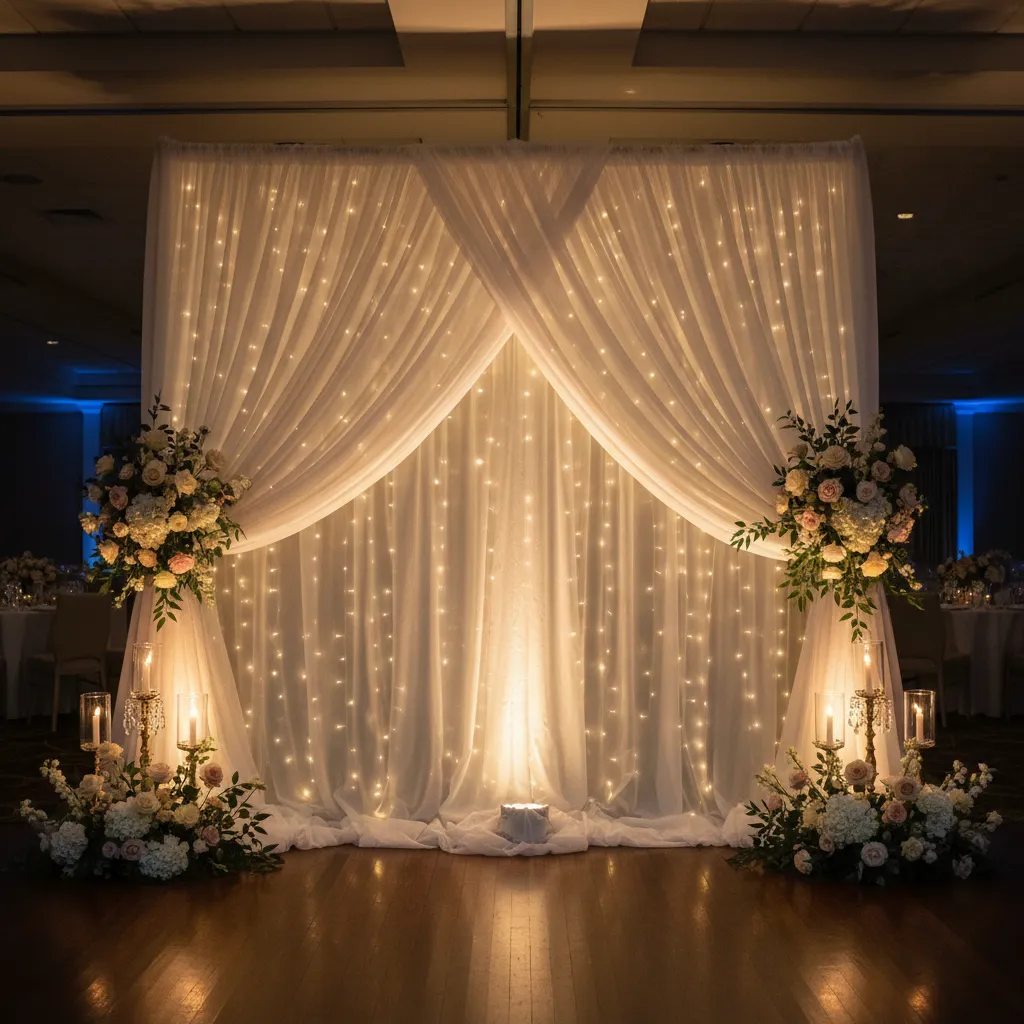 Warm LED uplighting illuminating fabric backdrop at wedding stage