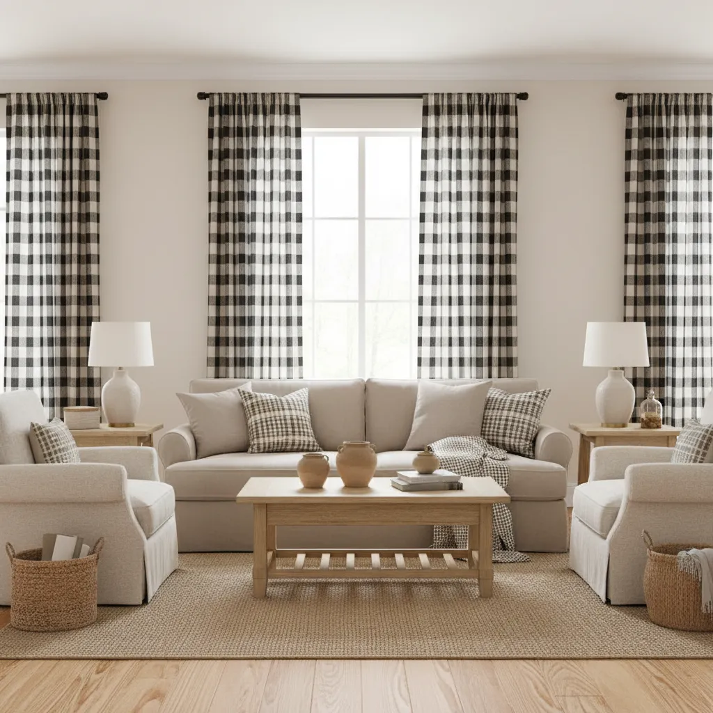 Living room featuring beige sofa two armchairs black and white checkered curtains and wood coffee table