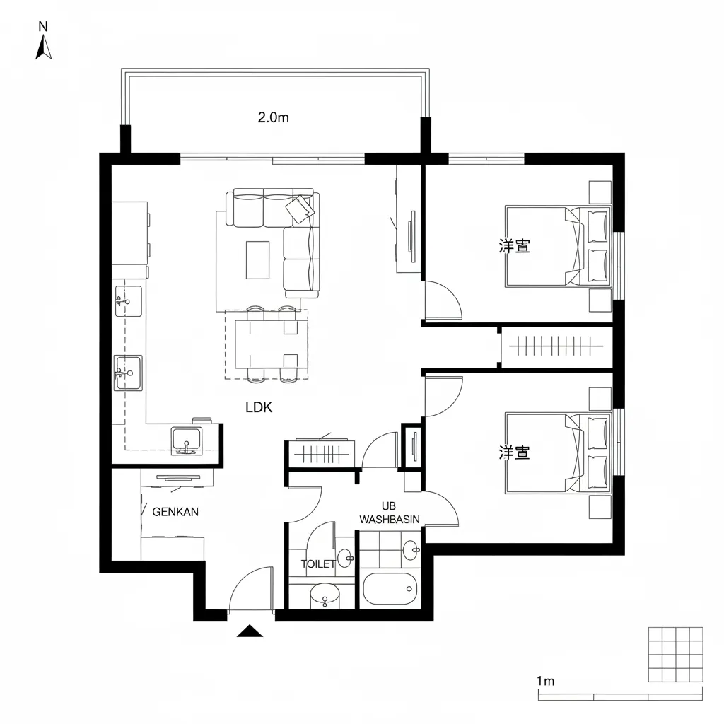リビング中心の緩衝型2LDK