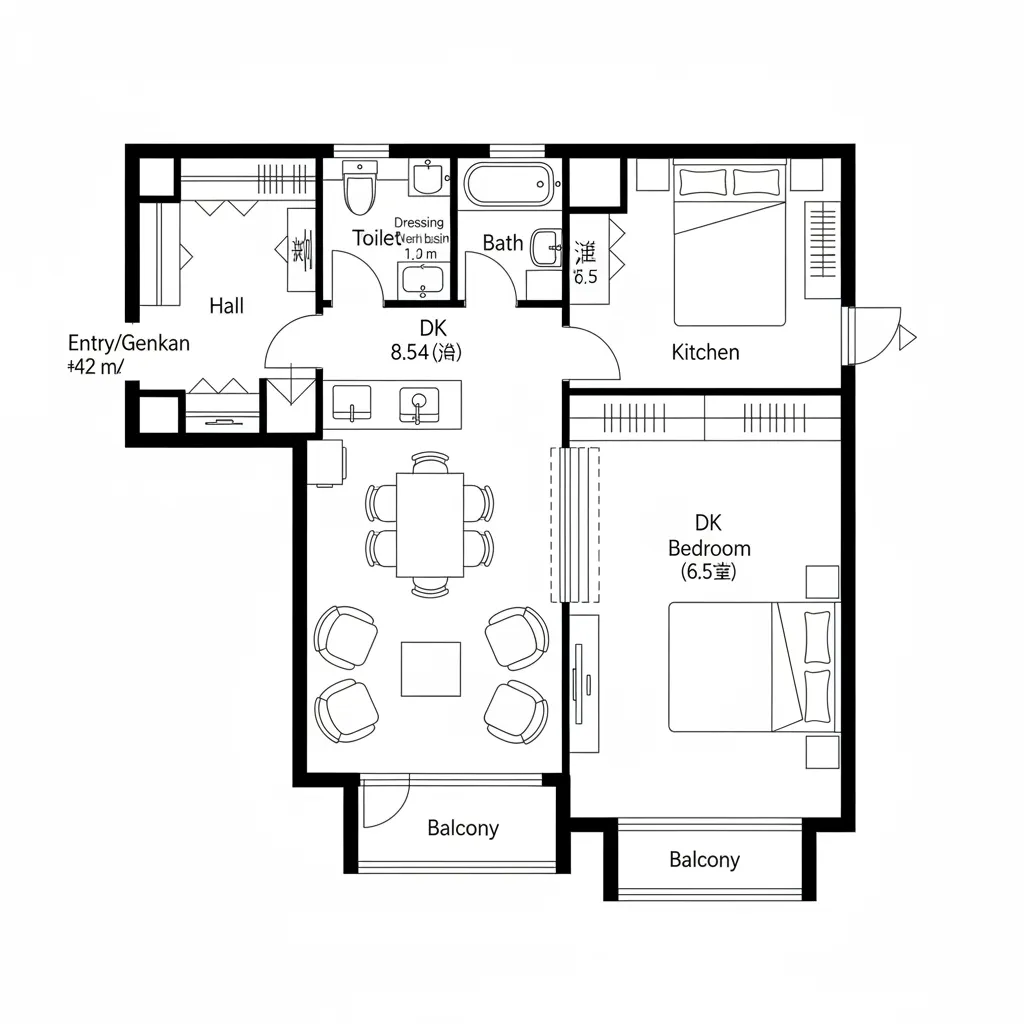 ダイニング中心の緩衝型1DK