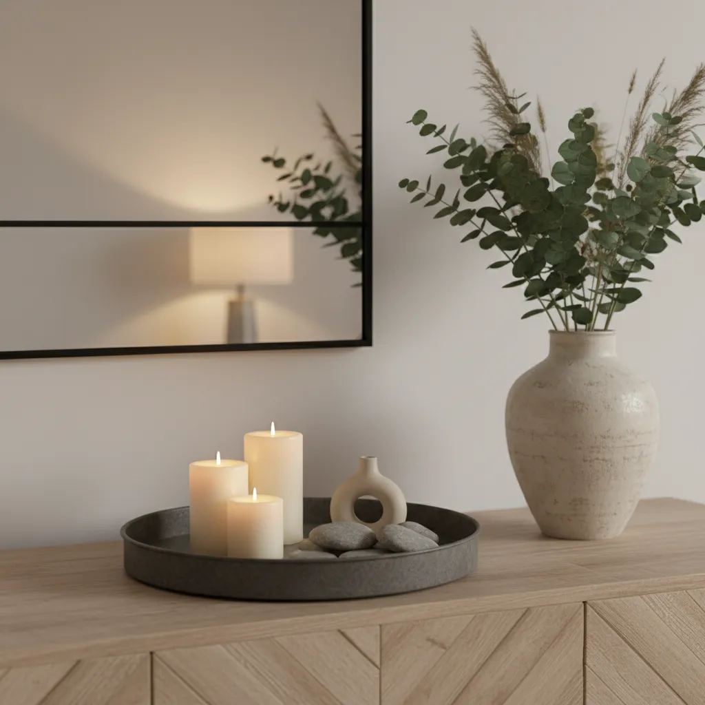 buffet styled with decorative tray vases and candles