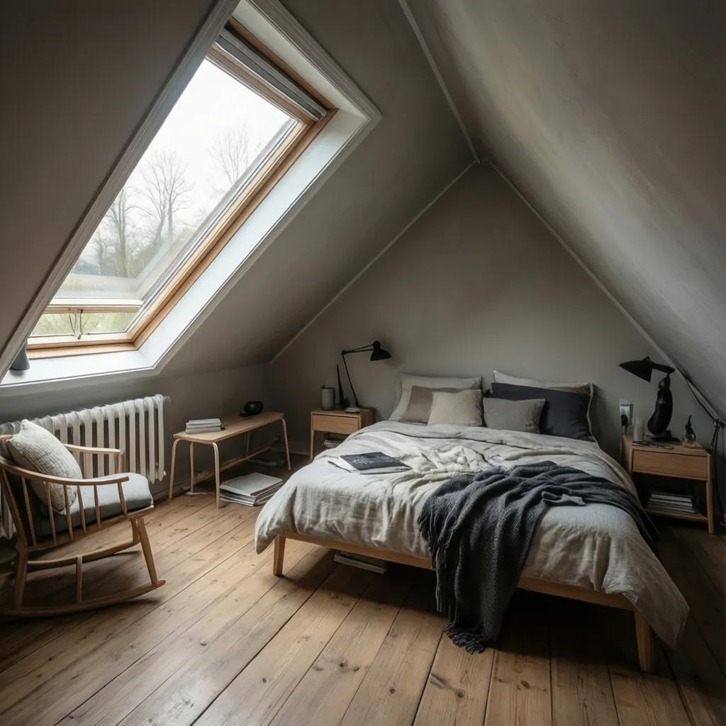 Dormitorio en buhardilla con techo inclinado y ventana tipo Velux