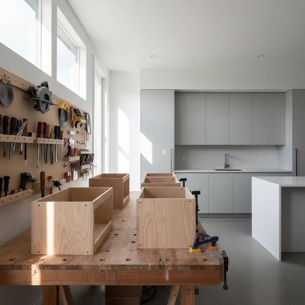 Wooden cabinet boxes on a workbench in a workshop with tools and modern kitchen background