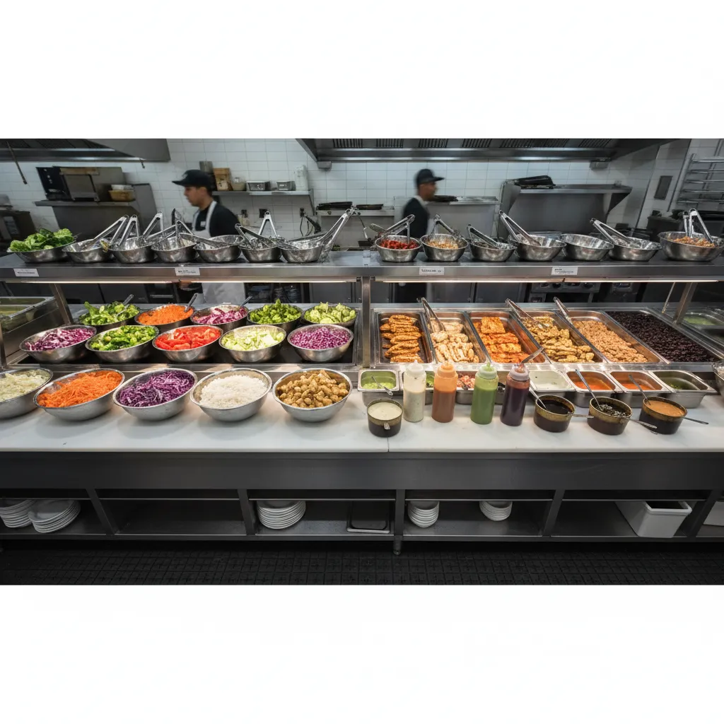 Restaurant ingredient line with rice vegetables proteins and sauces for customizable bowls