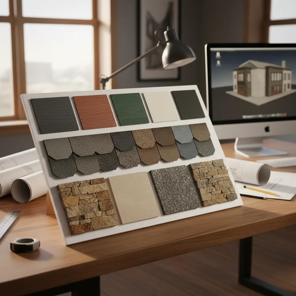 exterior home color palette board with siding trim stone and roof samples