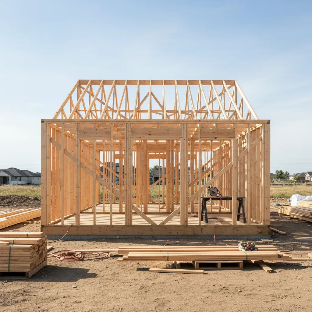 Wooden frame structure of a small house under construction with lumber piles on the ground