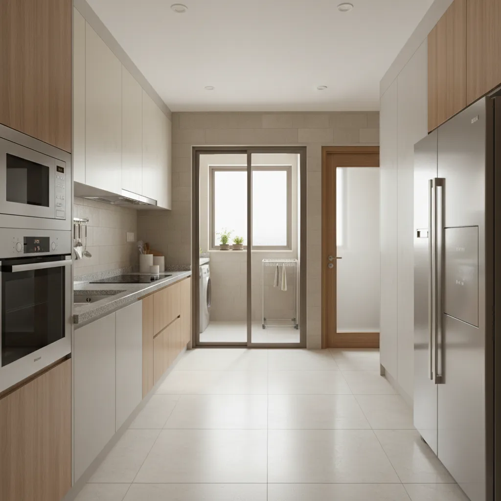 Example of builder flat kitchen placed near plumbing shaft and utility area