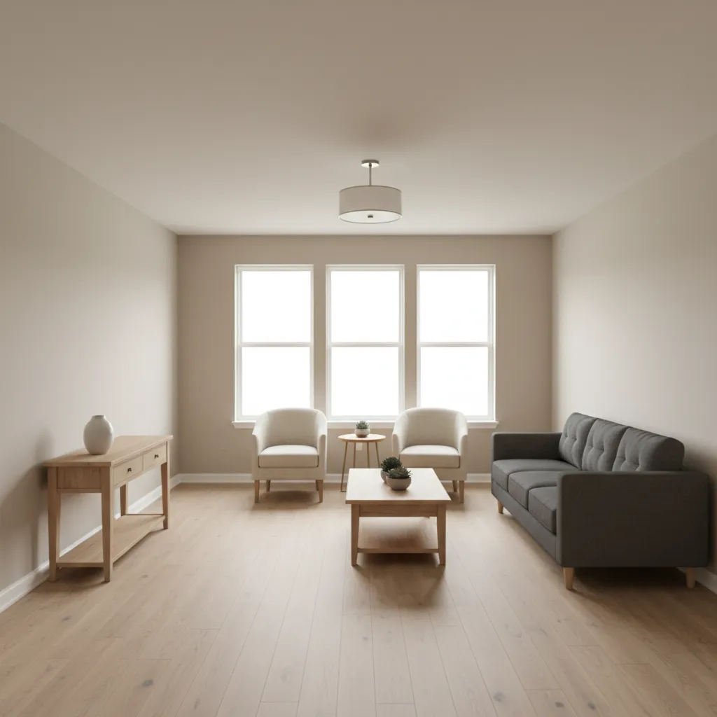 builder grade interior finishes in a new suburban home living room