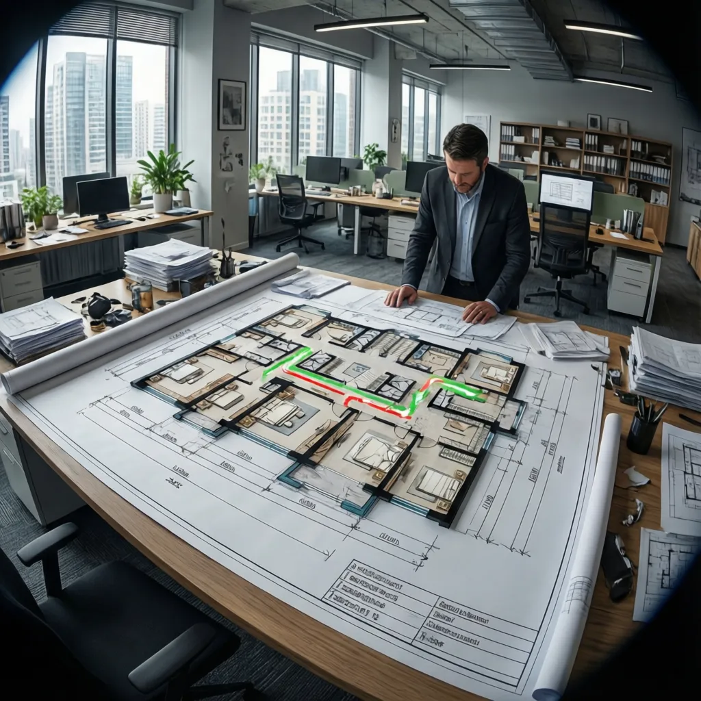 architect reviewing building floor plan with emergency exit routes