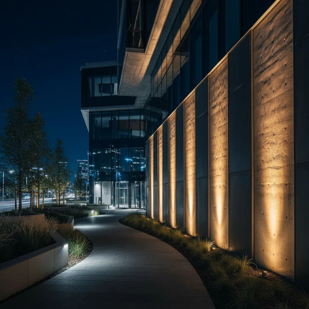 Modern building exterior at night with warm wall lights stone walkway small trees and windows