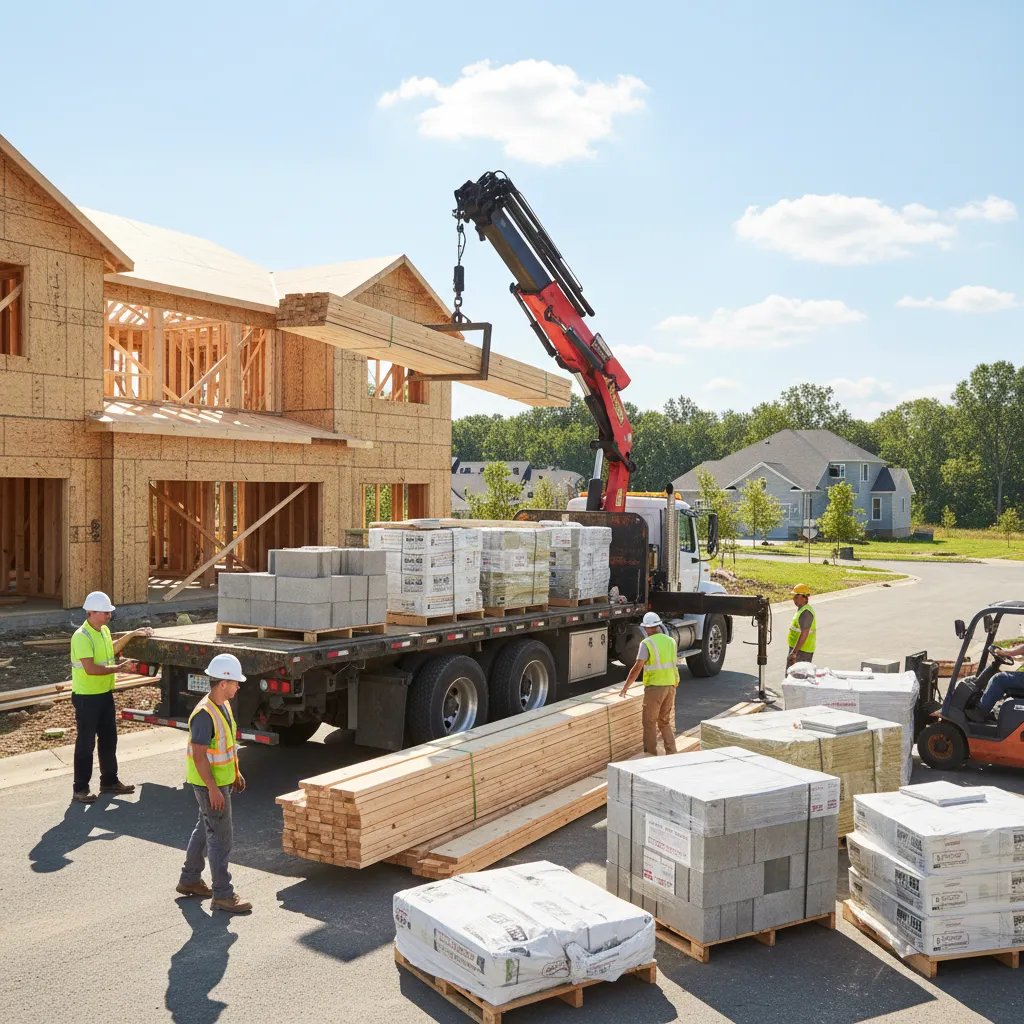 delivery truck unloading construction materials at residential building site