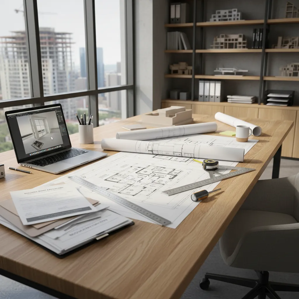 architect reviewing house construction drawings and permit documents on desk