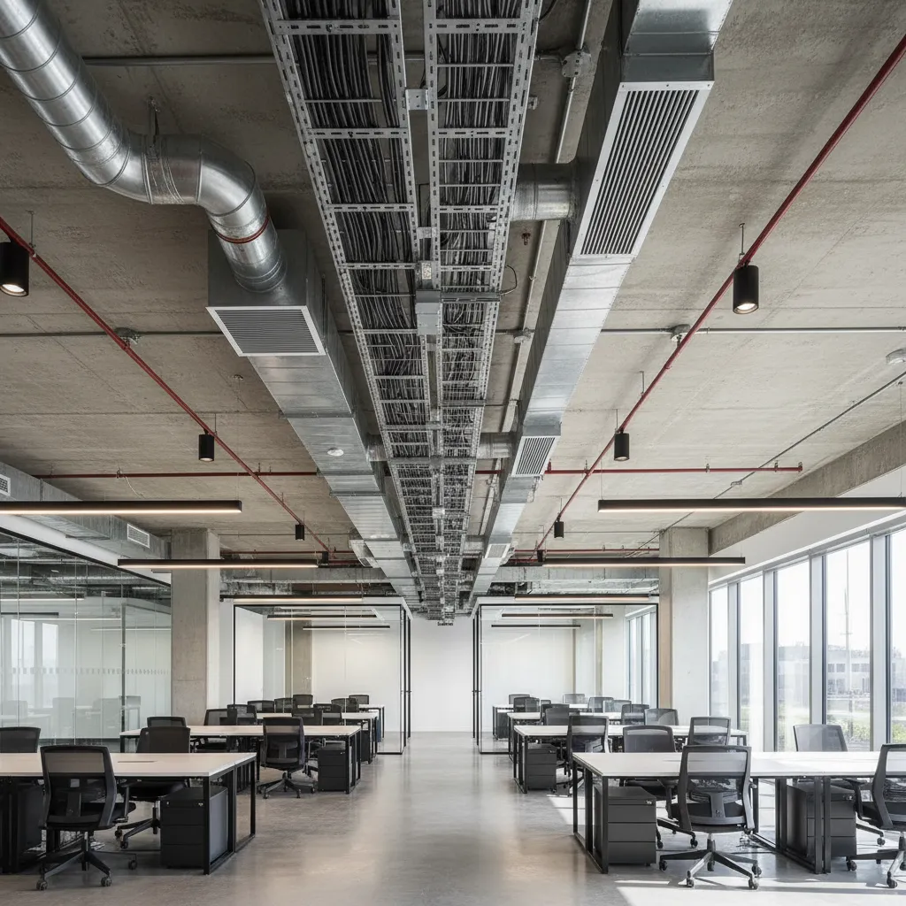 Interior ceiling infrastructure showing HVAC ducts lighting and ventilation systems