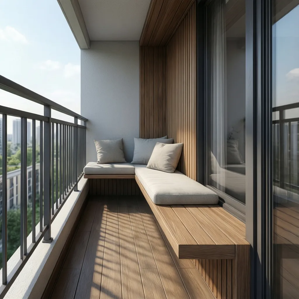 shallow built in wooden bench along balcony wall