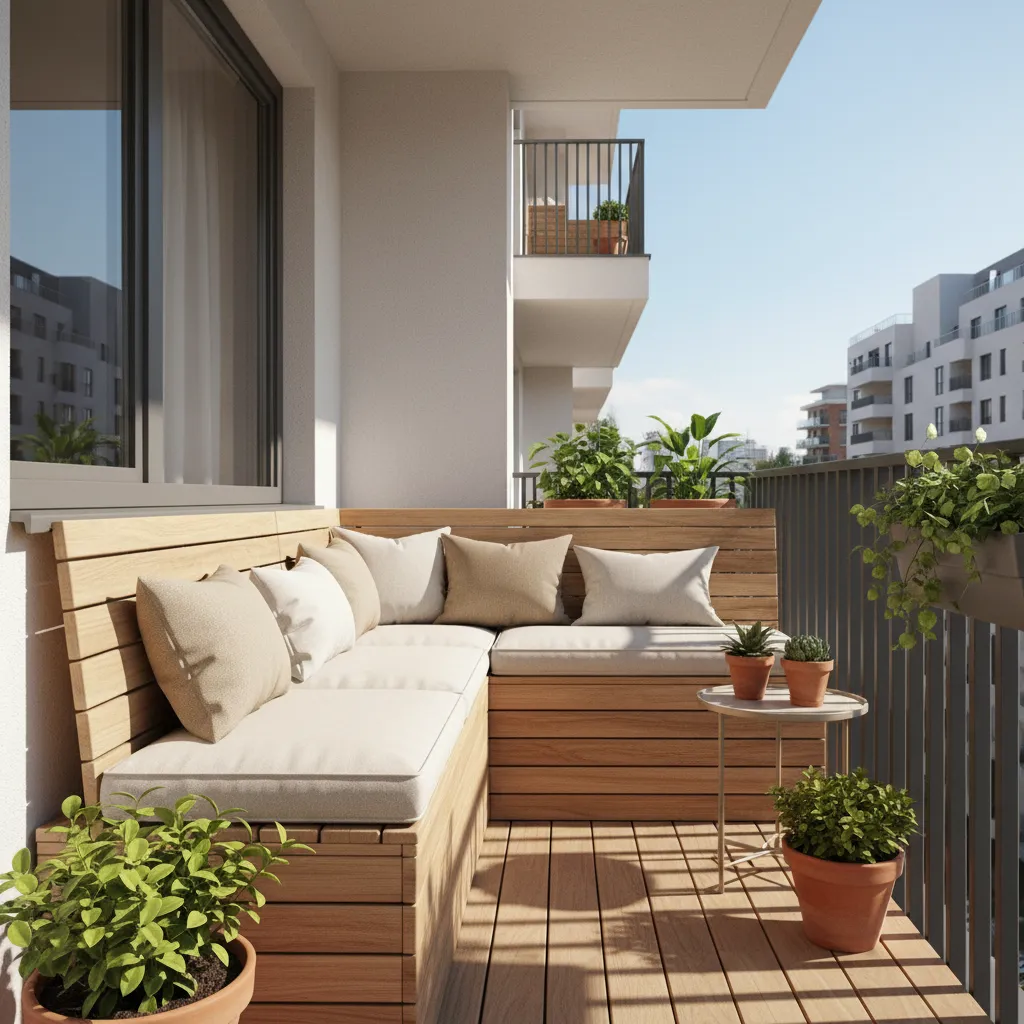 Small balcony corner with built in wooden bench seating