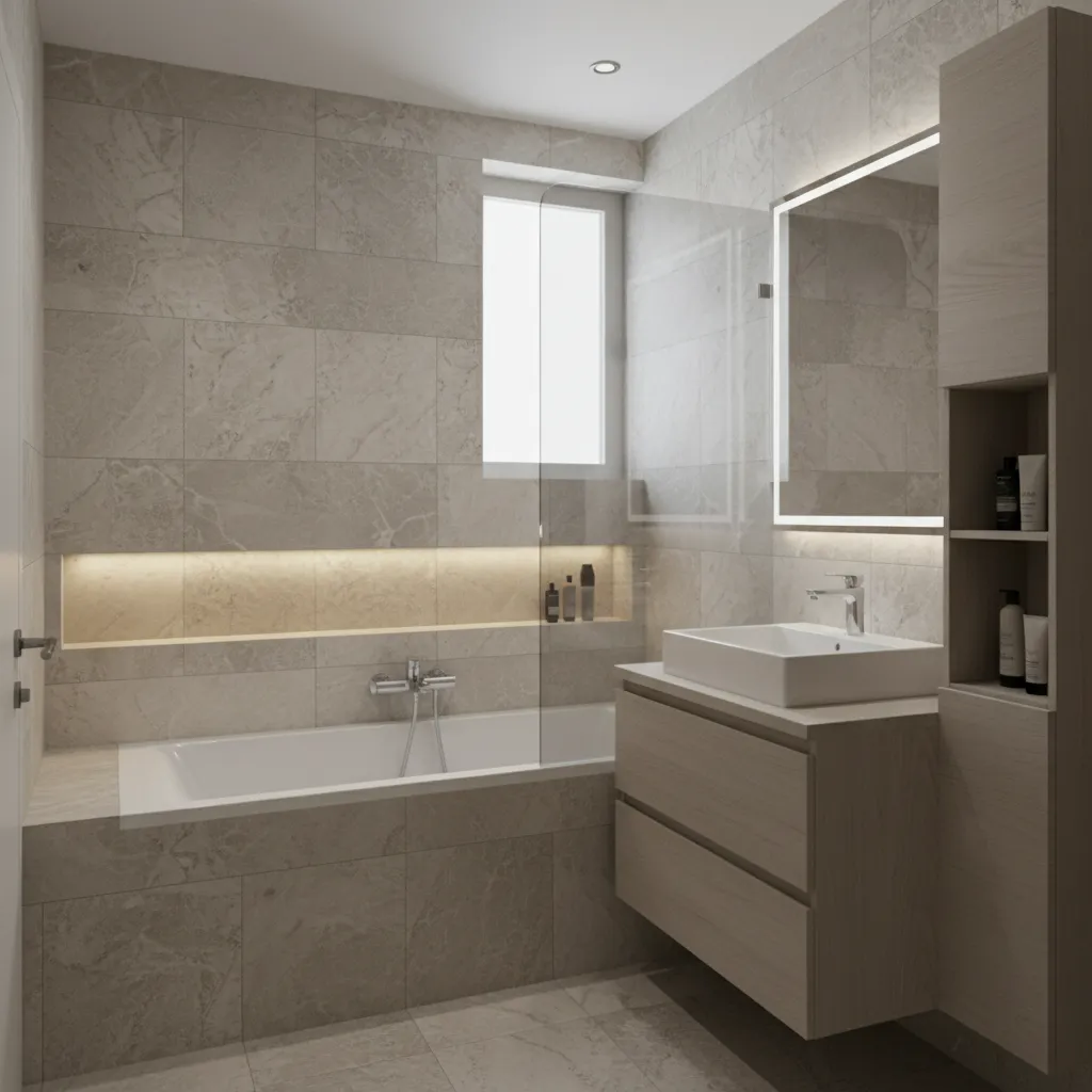 Built in bathtub with tiled surround and storage niches