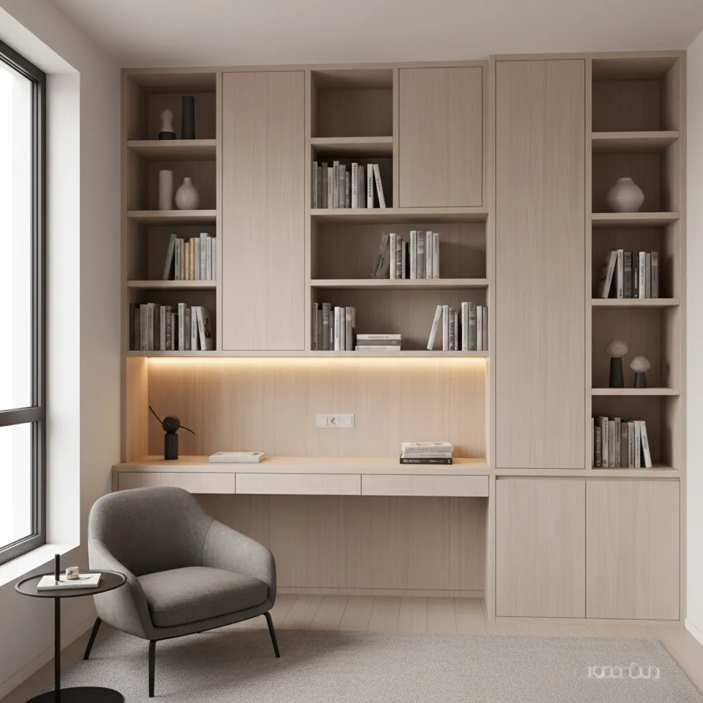 Built in wall bookshelves in a compact home study library