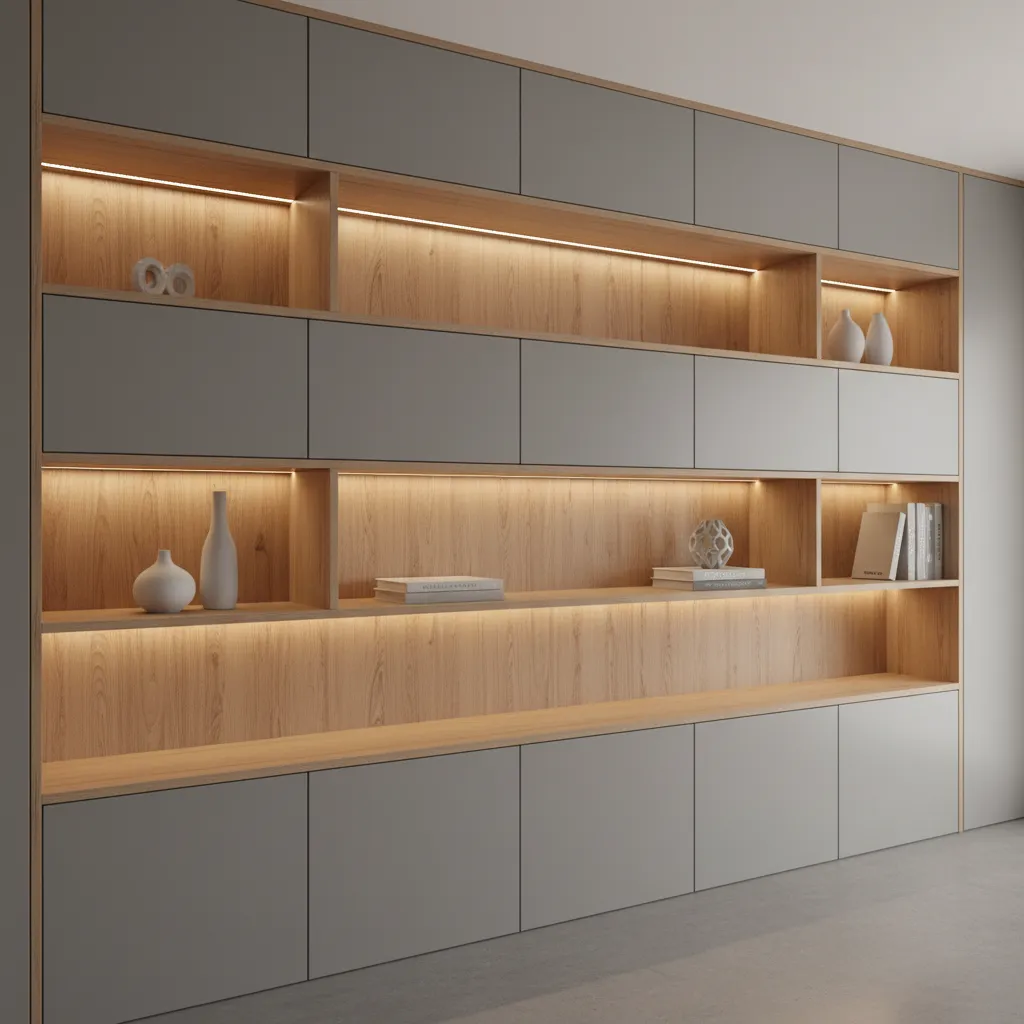 Wall cabinet with grey doors wooden shelves built in light strips books and white vases