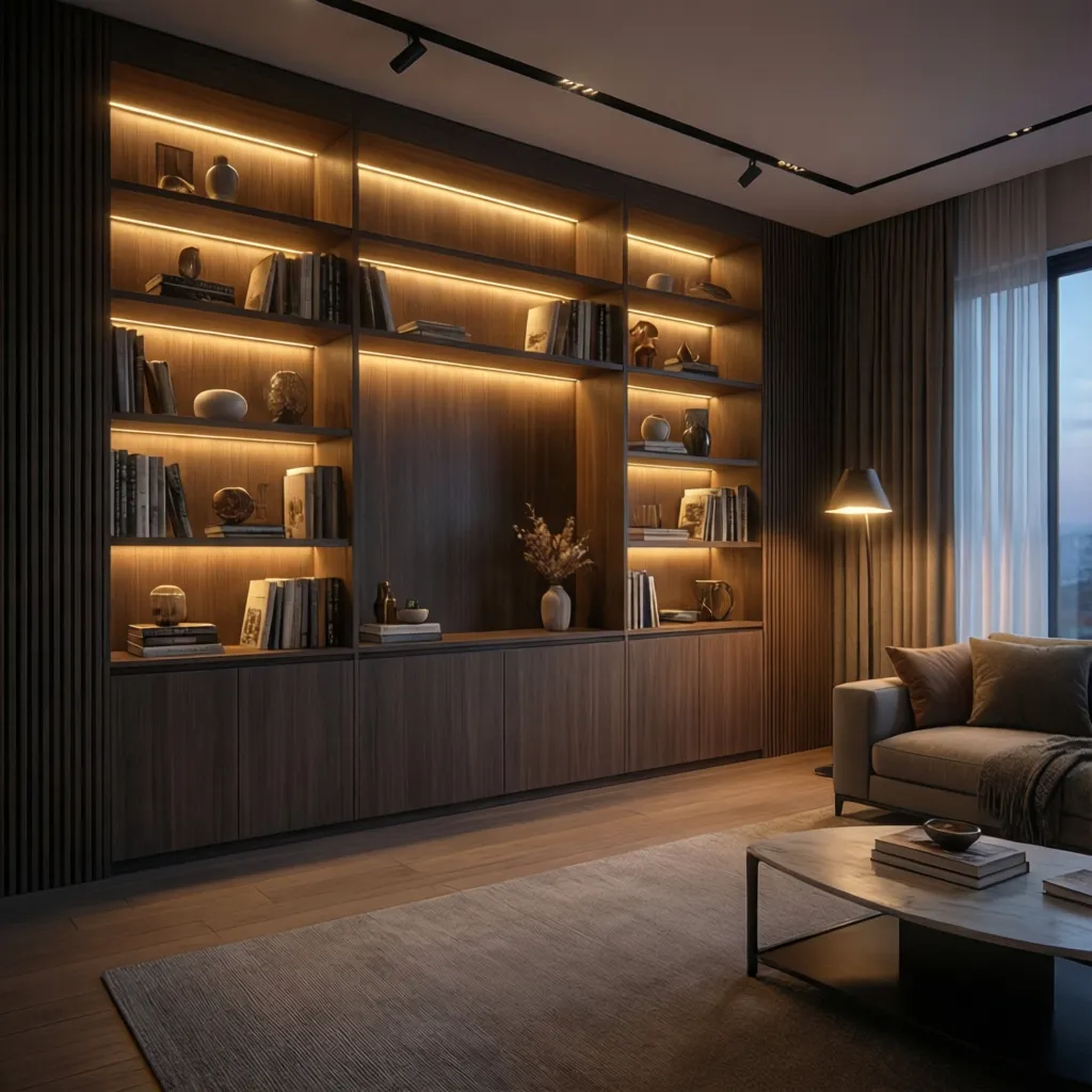Dark wooden wall cabinet with warm light strips books sofa floor lamp and coffee table