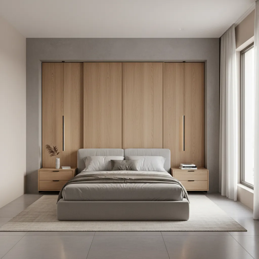 Bedroom with built in cemented wall wardrobe integrated into the wall