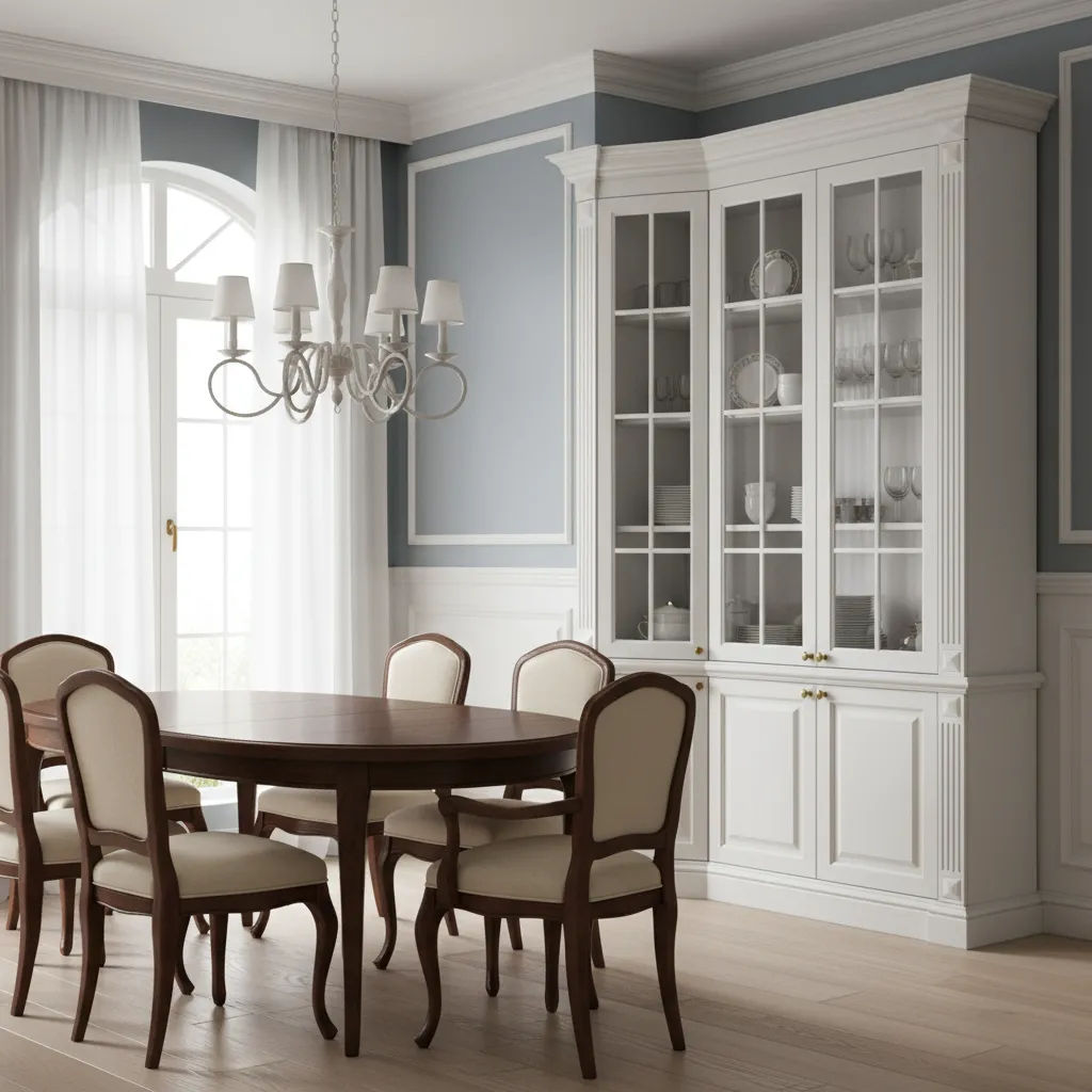 Custom built in corner cabinet integrated into dining room wall