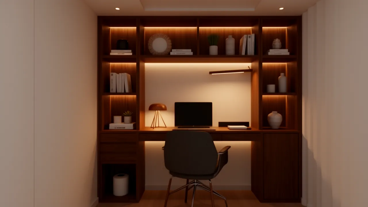 Built in desk with vertical shelves in a small luxury study room