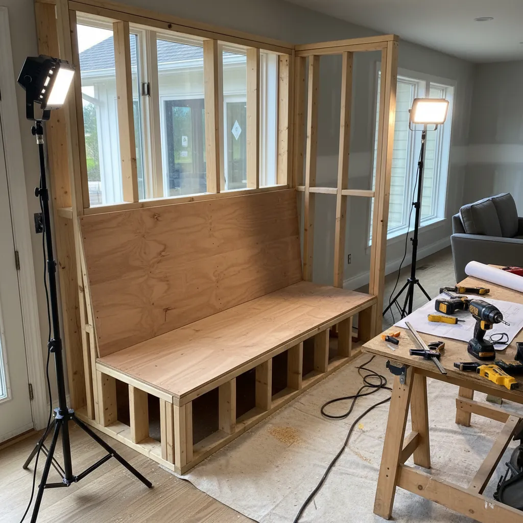 exposed wooden frame structure of a built in dining booth bench during construction