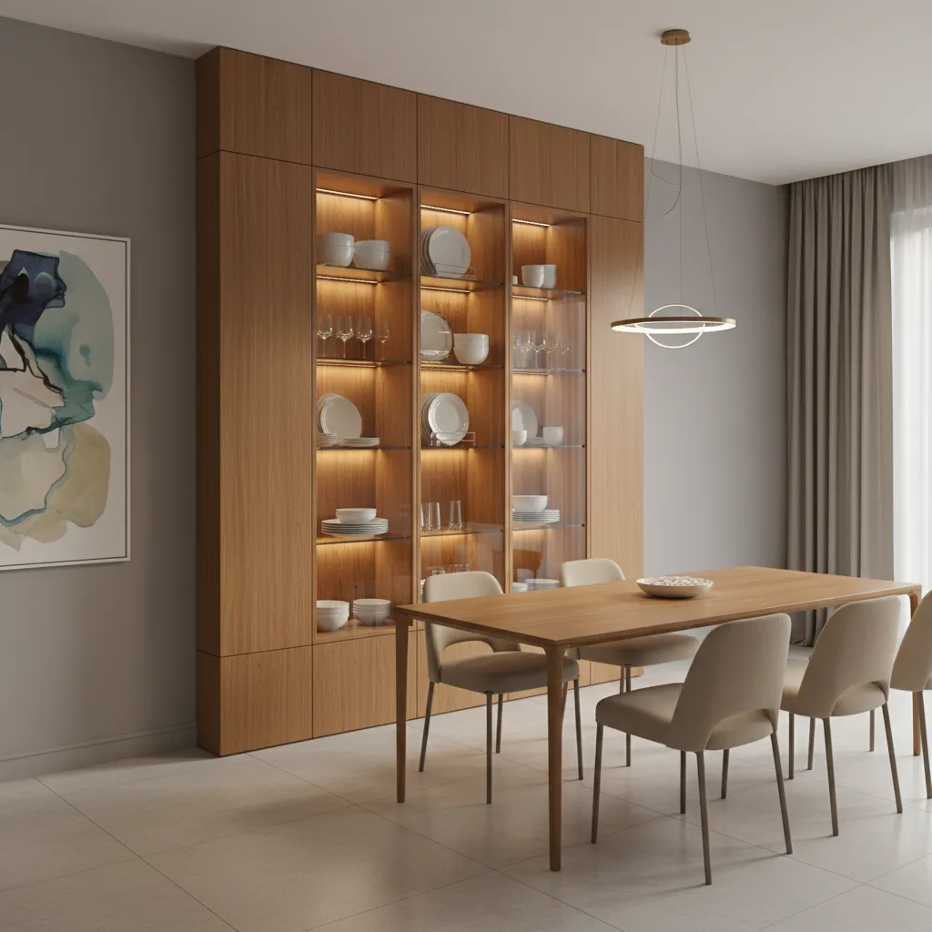 Built in wall crockery unit with glass shelves in dining room
