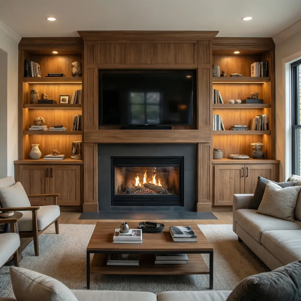 Built in fireplace media wall with shelving and television above fireplace